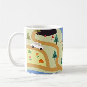 Berg, floder, skog, bil mönster. kaffemugg