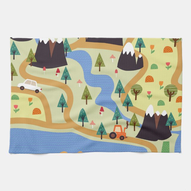 Berg, floder, skog, bil mönster. kökshandduk (Horisontell)