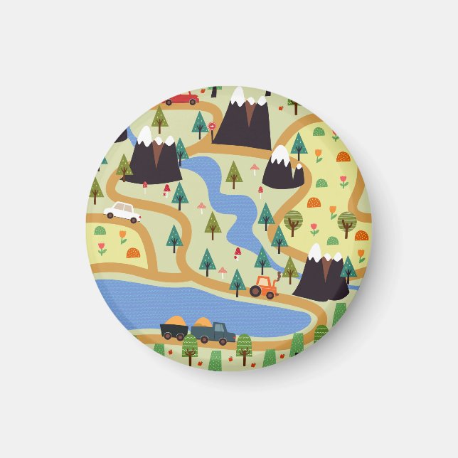 Berg, floder, skog, bil mönster. magnet (Framsidan)