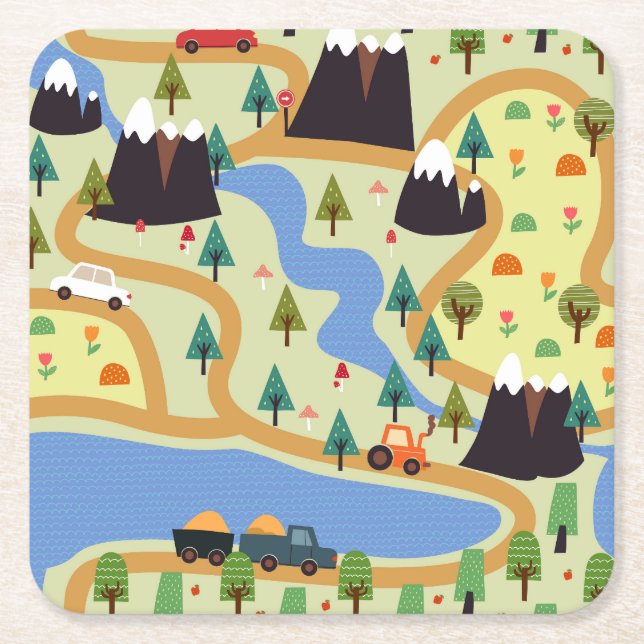 Berg, floder, skog, bil mönster. underlägg papper kvadrat (Framsidan)