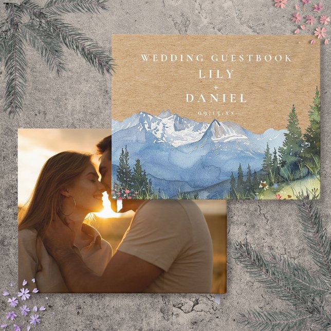 Berg Floral Rustic Kraft Bröllopsfoto Gästböcker (Mountain Floral Rustic Kraft Wedding Photo Guest Book
)