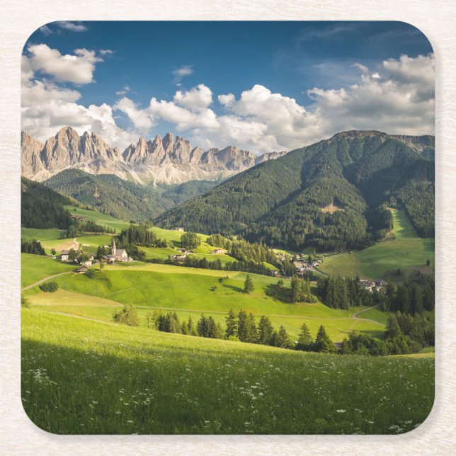 Berg | Funes Valley, Dolomites, Italien Underlägg Papper Kvadrat (Framsidan)