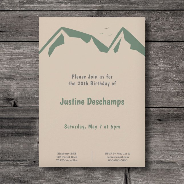 Berg i Grönt - Brun födelsedagsinbjudan Inbjudningar (Mountains in Green - Brown Birthday Invitation)