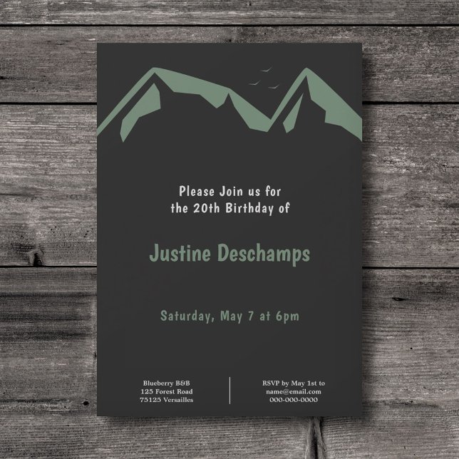 Berg i Grönt - Svart födelsedag Inbjudningar (Mountains in Green - Black Birthday Invitation)