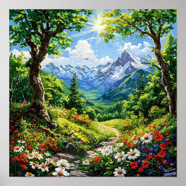 Berg i skogen med blommor och träd poster (Framsidan)