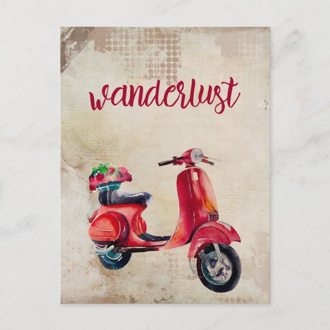 Berg - Moped - Cute Red Watercolor Vykort (Framsida)
