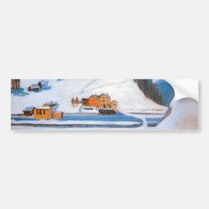 Berg och hus i Snö, vinterlandskap Bildekal