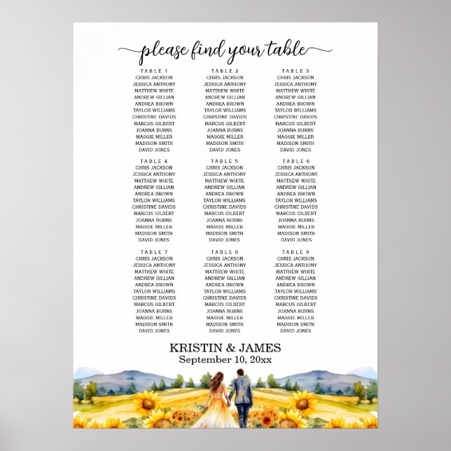 Berg och solrosor 9 Bord Bröllopsplatser Poster (Framsidan)