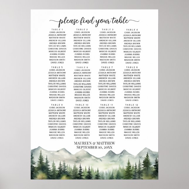Berg och tallar 12 bord bröllopsplatser poster (Framsidan)