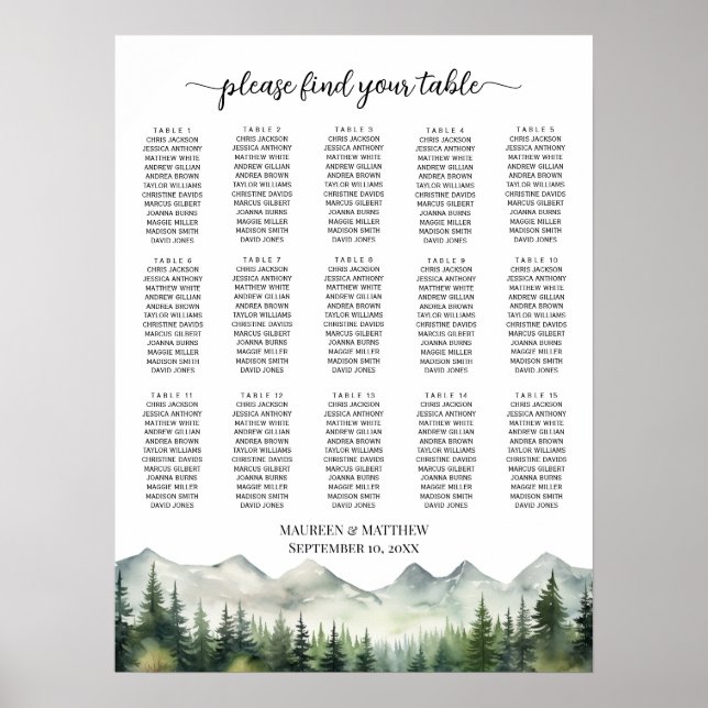 Berg och tallar 15 bord bröllops sittplatser poster (Framsidan)
