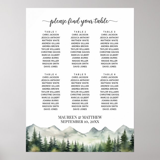 Berg och tallar 6 bord bröllops sittplatser poster (Framsidan)