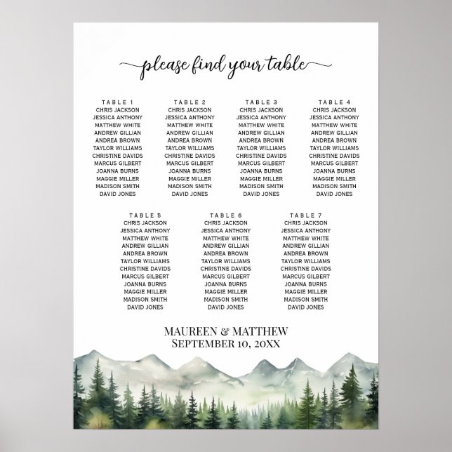 Berg och tallar 7 bord bröllops sittplatser poster (Framsidan)