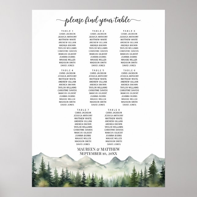 Berg och tallar 8 bord bröllops sittplatser poster (Framsidan)