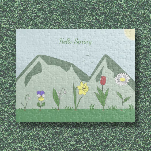 Berg och Vår blommor liggande pussel (Mountains & Spring Flowers Landscape Puzzle)