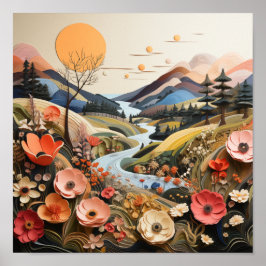 Berg, strömma, vilda blommor utomhus poster