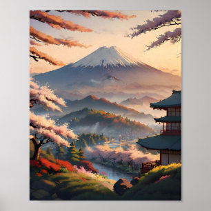 Berg vid soluppgång En lugn japansk landskap Poster