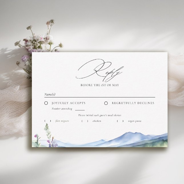 Berg Vilda Blommor Äng Modern Bröllopsmåltid OSA Kort (mountain wedding rsvp reply respond wildflowers meadow floral watercolor modern calligraphy)