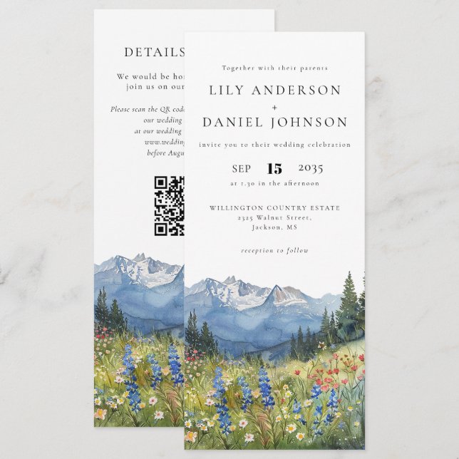 Berg Vildblomma Blommig QR-kod Bröllop Inbjudningar (Fram/baksida)