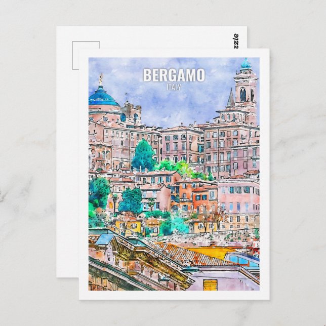 Bergamo Italien Travel Ställe Watercolor Vykort (Fram/baksida)