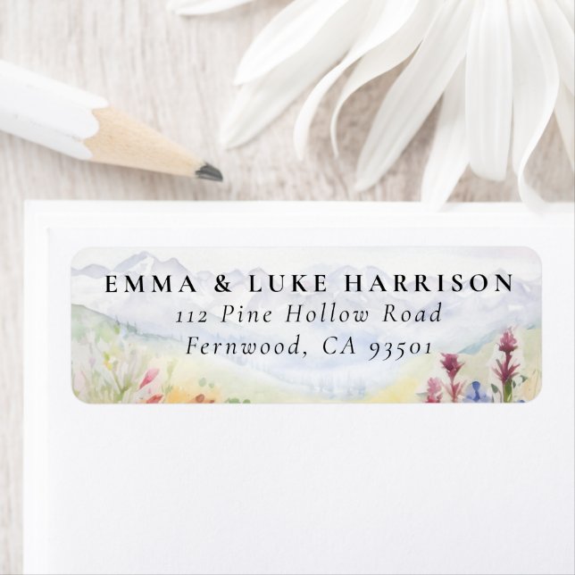 Bergäng Vilda Blommor Akvarell Bröllop Returadress Etikett (Insitu)