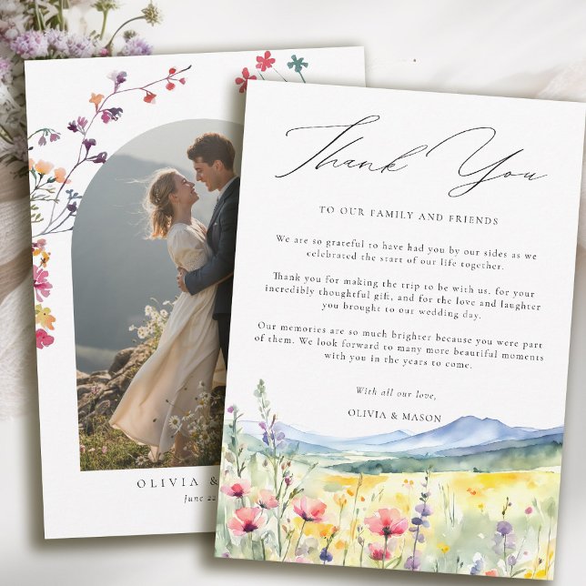 Bergäng Vilda Blommor Modern Boho Bröllop Tack Kort (mountain wedding thank you boho arch photo wildflowers meadow floral watercolor modern calligraphy )
