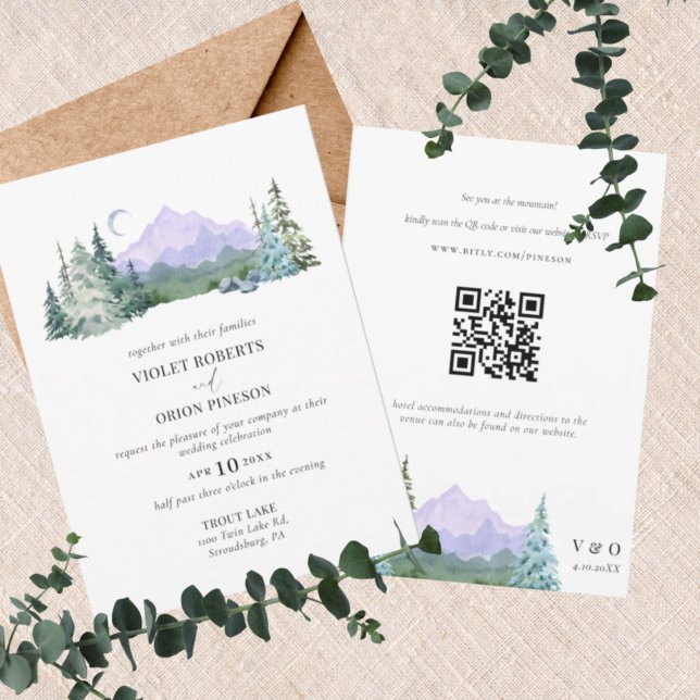 Bergarna Rustic Forest QR-koden i ett Bröllop Inbjudningar (Skapare uppladdad)
