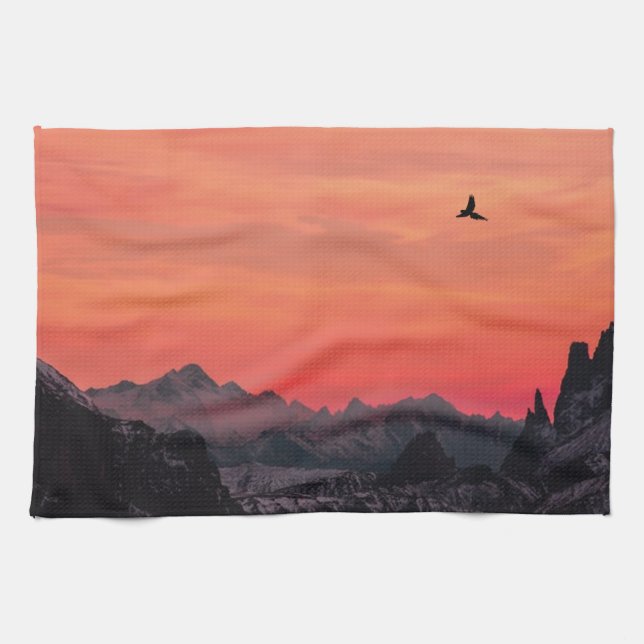 Bergarnas Orange Sunset Bird i Himlar Kökshandduk (Horisontell)