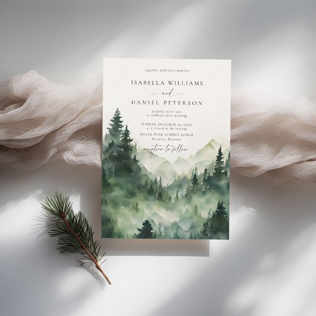 Bergarnas skog i Rustic utanför Bröllop Inbjudningar (mountains wedding invitation rustic outdoors forest pine scene watercolor elegant modern chic)