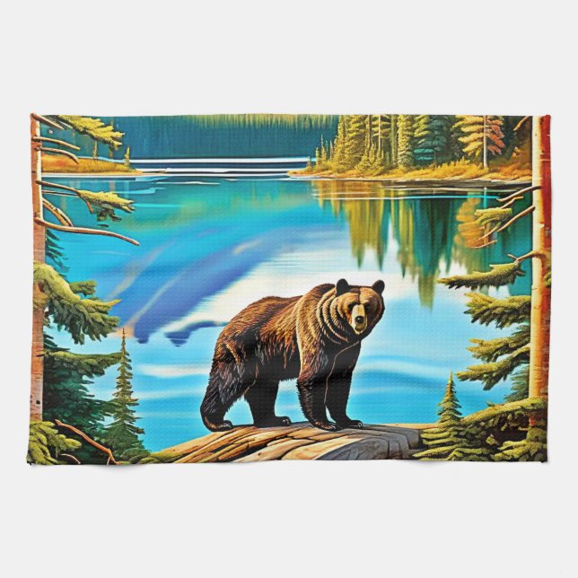 Bergbjörn: Reflection Art i Sjö Kökshandduk (Horisontell)