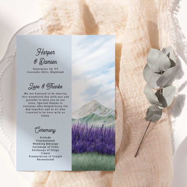 Bergbröllop Akvarell Lavendel Landskap Program (Wedding Program from my Mountain Lavender Wedding Collection)