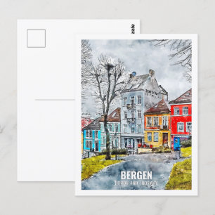 Bergen Hordaland Norge Resa Plats Vattenfärg Vykort