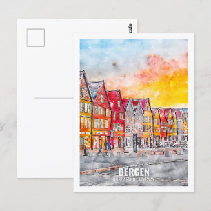 Bergen Hordaland Norge Travel Ställe Watercolor Vykort