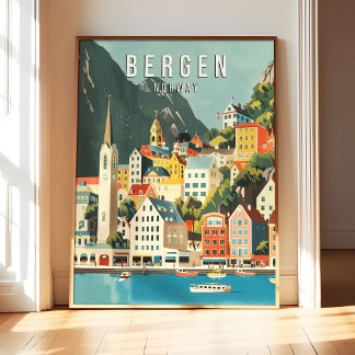 Bergen Norge Affisch Konsttryck, Stad Retro Vintag
