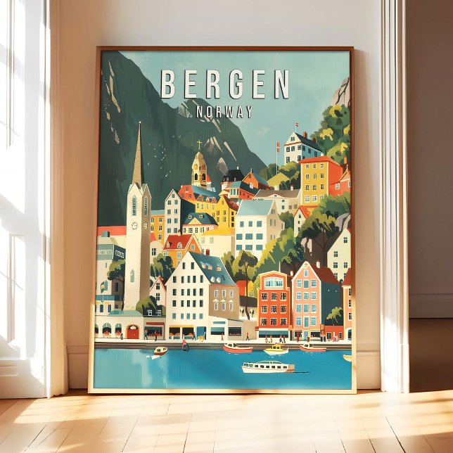 Bergen Norge Affisch Konsttryck, Stad Retro Vintag (Skapare uppladdad)