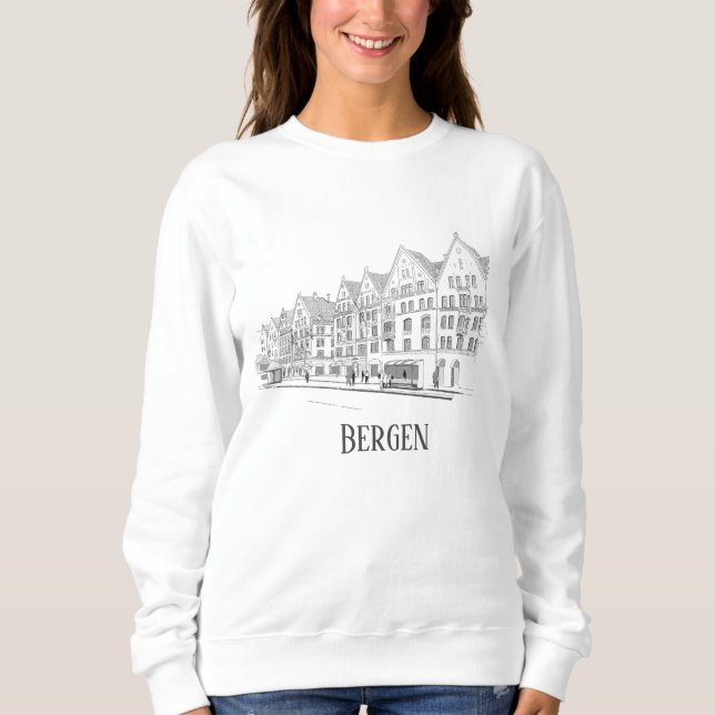 Bergen Norge Beresh Streetscape Line Teckning T Shirt (Framsida)