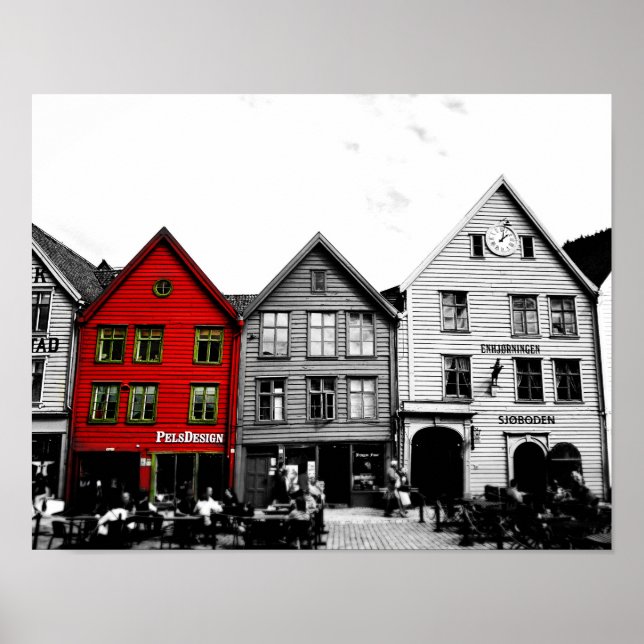 Bergen Norge Black and White-foto med rött hus Poster (Framsidan)