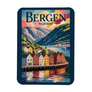 Bergen Norge Illustration Resa Konst Vintage Magnet