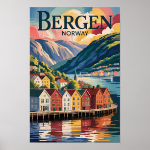 Bergen Norge Illustration Resa Konst Vintage Poster