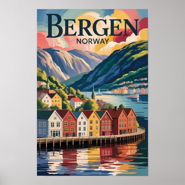 Bergen Norge Illustration Resa Konst Vintage Poster (Framsidan)