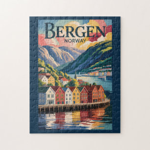 Bergen Norge Illustration Resa Konst Vintage Pussel