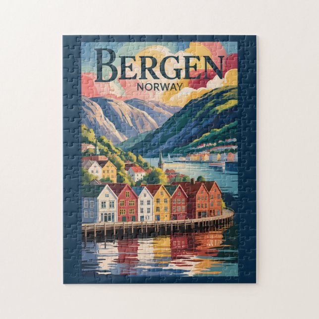 Bergen Norge Illustration Resa Konst Vintage Pussel (Vertikal)