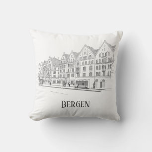 Bergen Norge Streetscape Vacklig linje Teckning Kudde