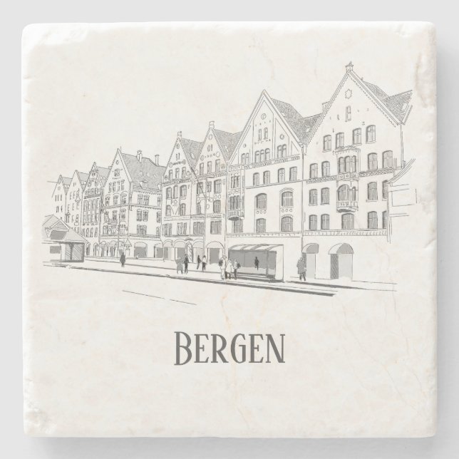 Bergen Norge Streetscape Vacklig linje Teckning Stenunderlägg (Framsidan)