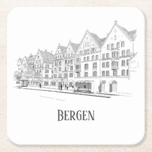 Bergen Norge Streetscape Vacklig linje Teckning Underlägg Papper Kvadrat