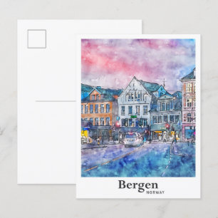Bergen Norge Travel Watercolor Sketch Hand plockad Vykort