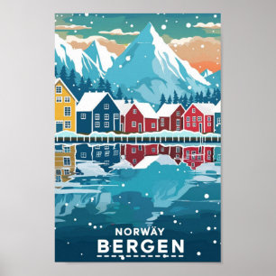 Bergen Norge Vintage Berömd Travel Ställe Poster