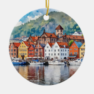 Bergen Norge Watercolor Julgransprydnad Keramik