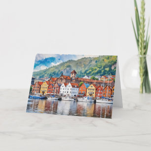 Bergen Norge Watercolor Kort