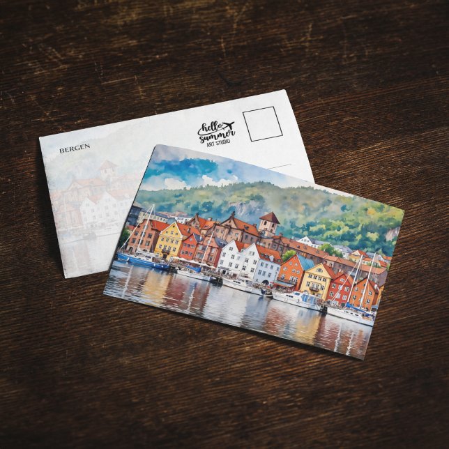 Bergen Norge Watercolor Postcard Inbjudningar (Skapare uppladdad)