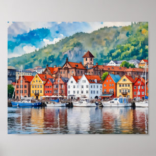 Bergen Norge Watercolor Poster